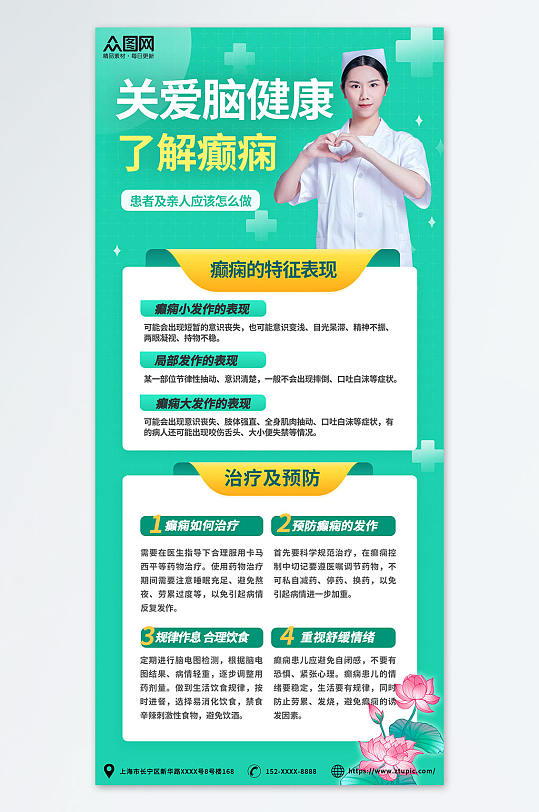 绿色了解癫痫知识医疗科普医院海报原创医学科普医院制度牌正版作品