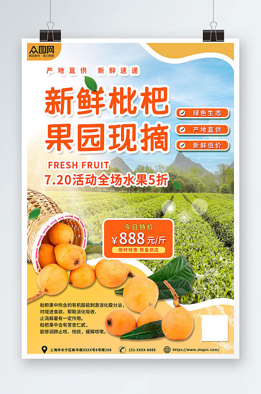 清新黄色新鲜枇杷夏季水果果园促销海报