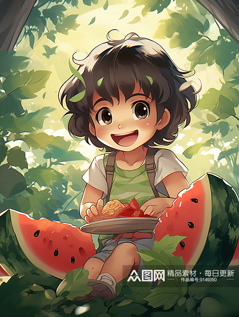 夏季吃西瓜的小孩素材