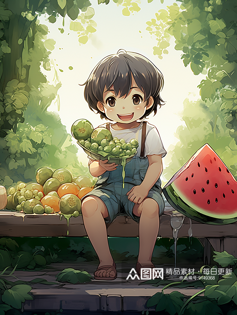 夏季吃西瓜的小孩素材