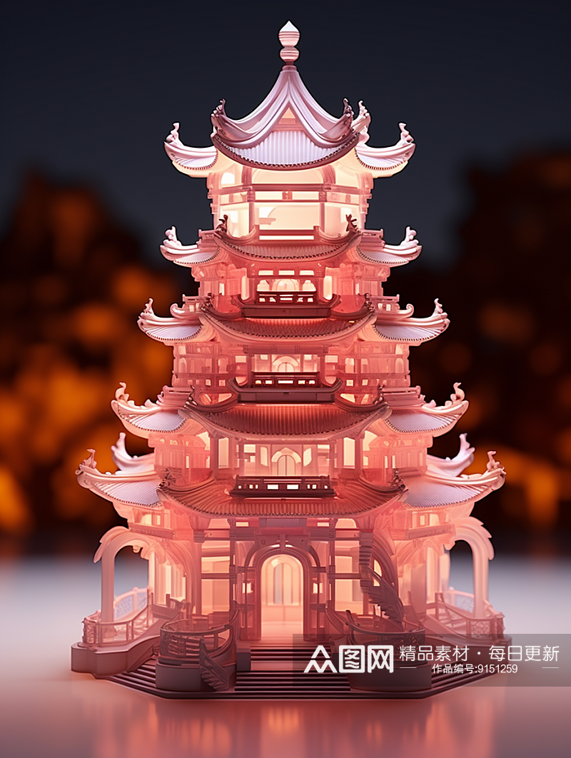 唯美3D立体中国风塔建筑素材