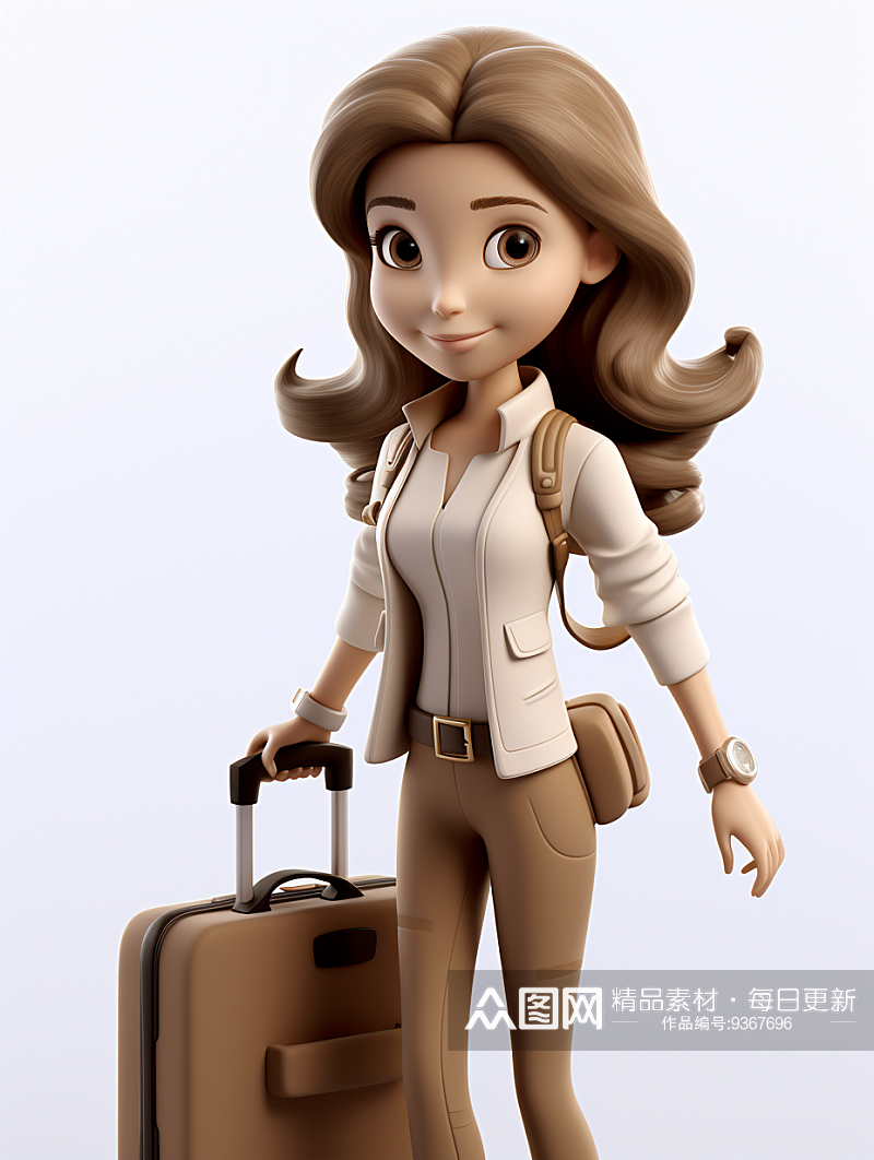 3D立体拉着行李箱的女士素材