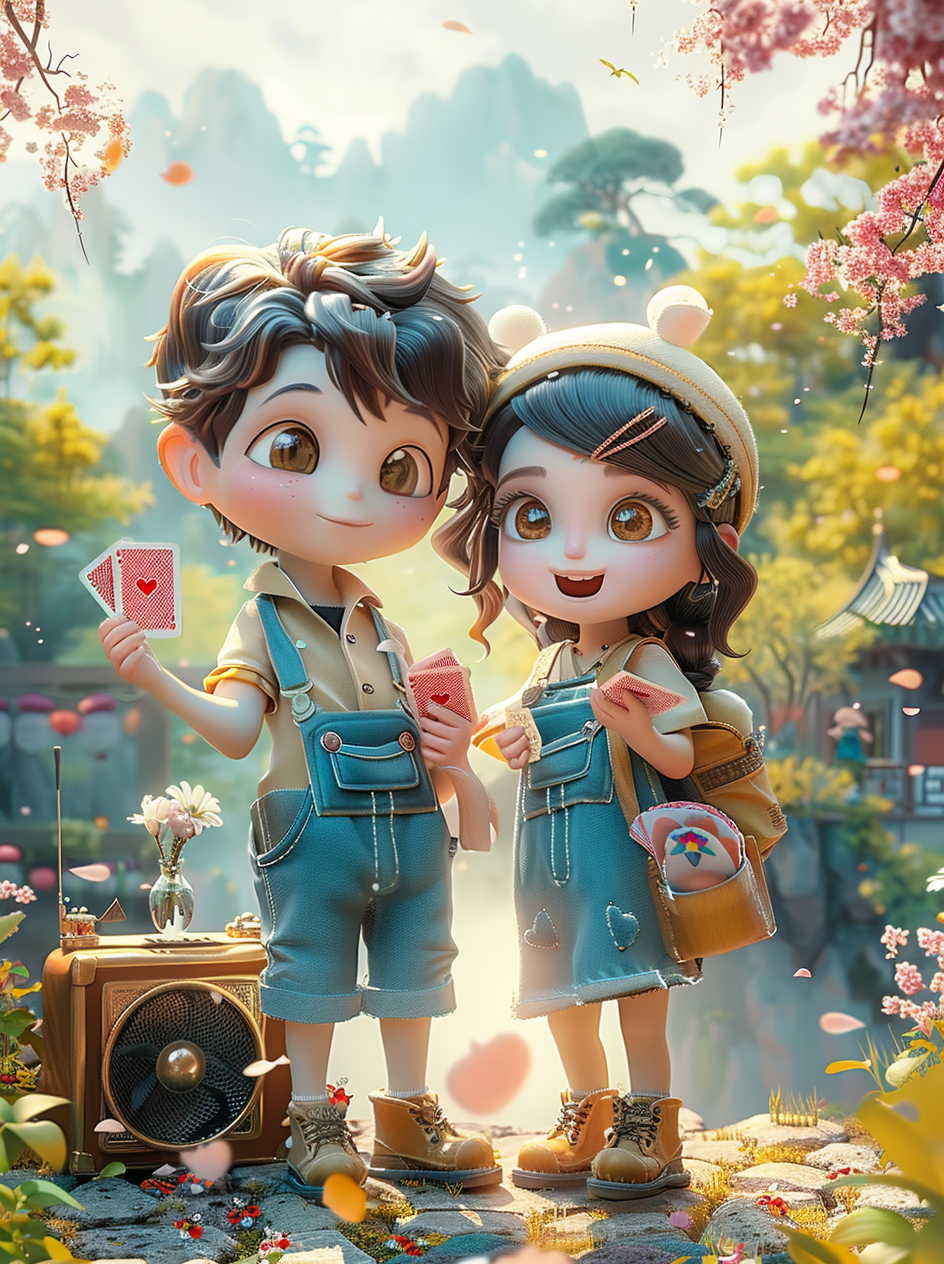 拿着扑克牌的卡通小孩素材