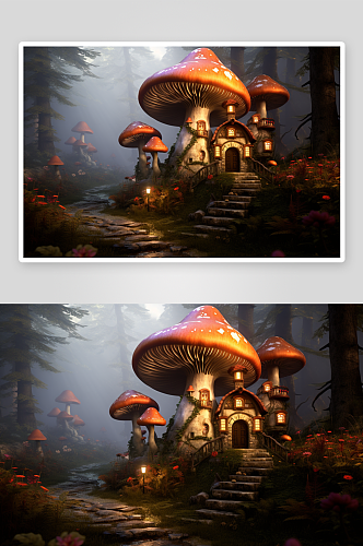 数字艺术美丽蘑菇屋景色