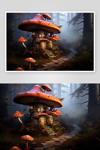 数字艺术美丽蘑菇屋景色