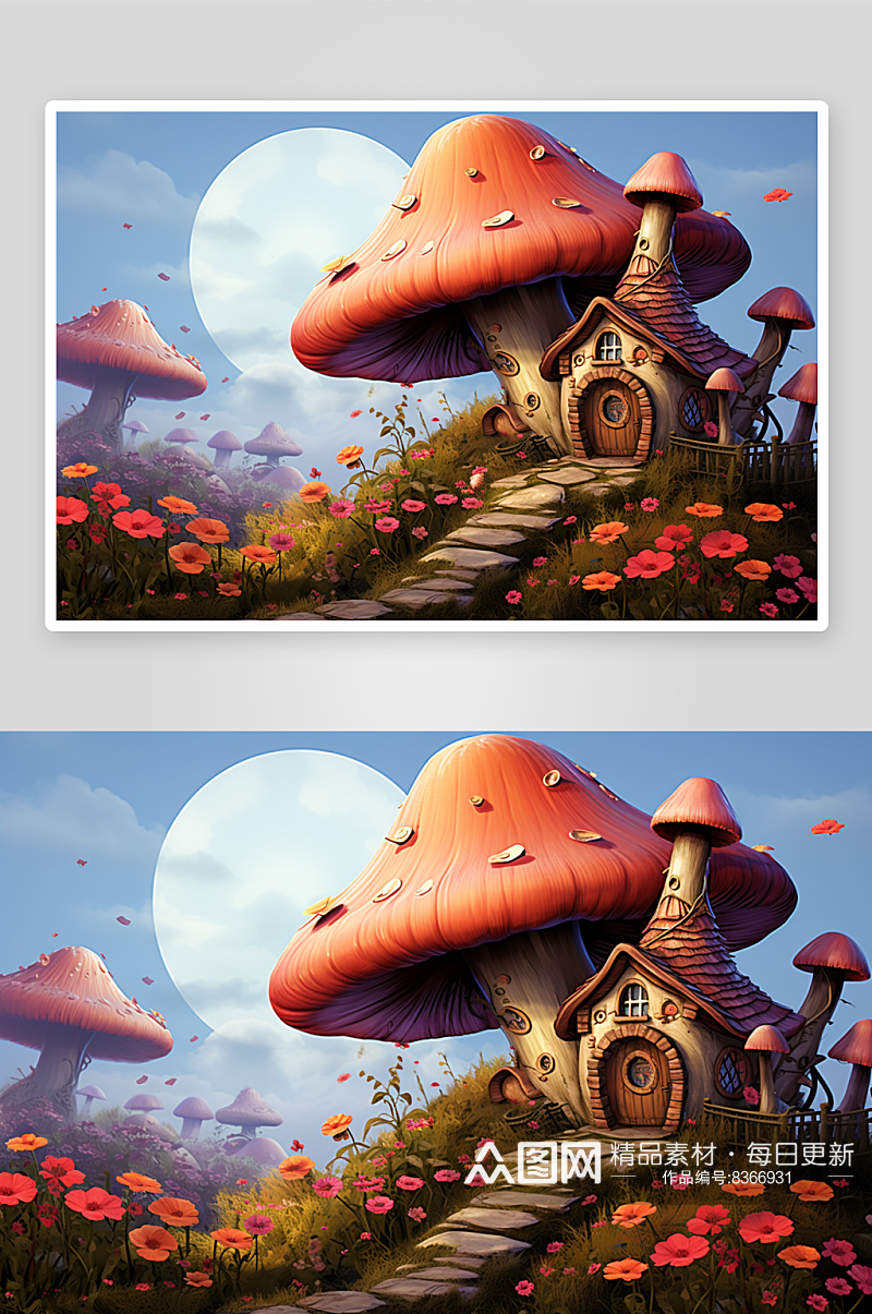 数字艺术美丽蘑菇屋景色素材
