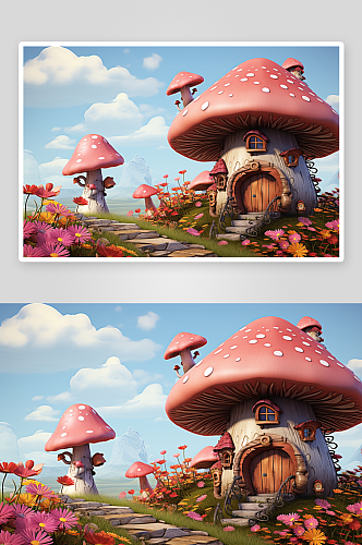 数字艺术美丽蘑菇屋