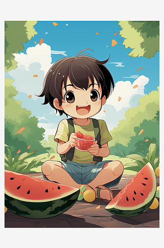夏季吃西瓜的小孩