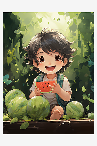 夏季吃西瓜的小孩