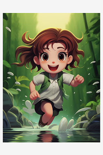 在树林中奔跑的小孩