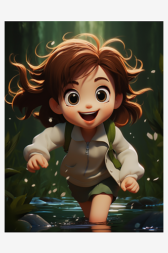 在树林中奔跑的小孩