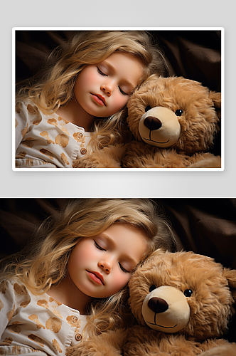 抱着玩具娃娃睡觉的女孩