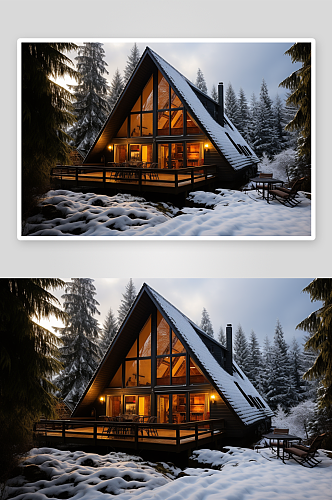 冬季树林中的木屋