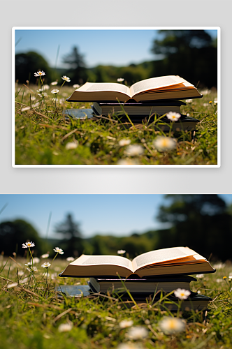 草地上的书本背景
