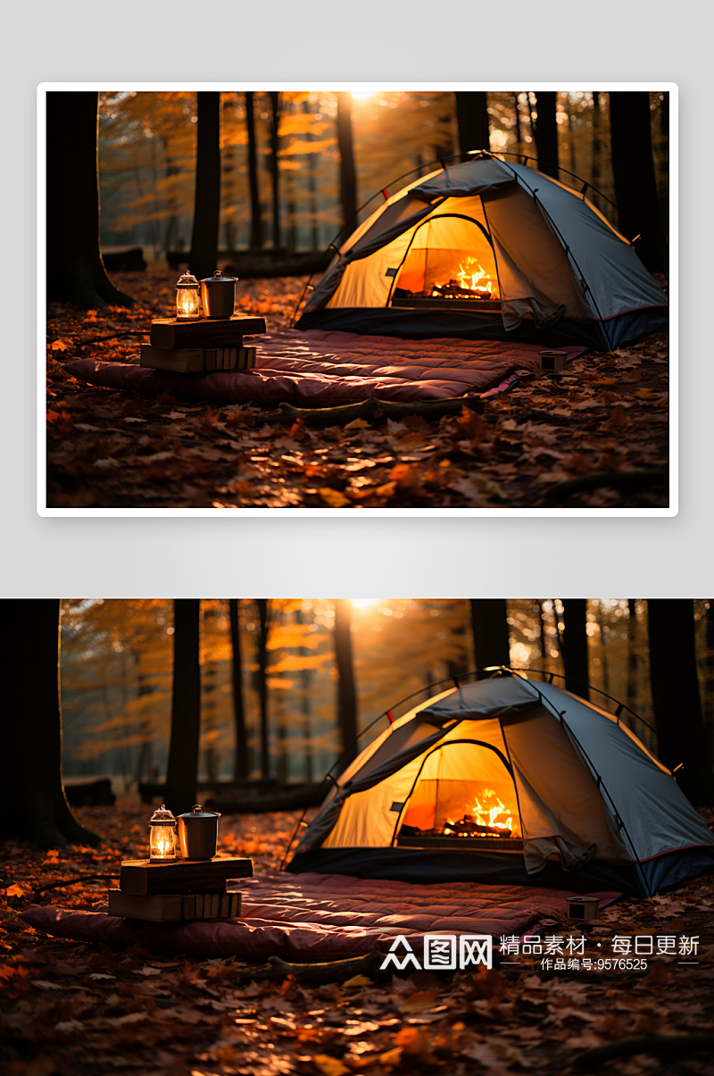 秋天树林里的帐篷露营素材