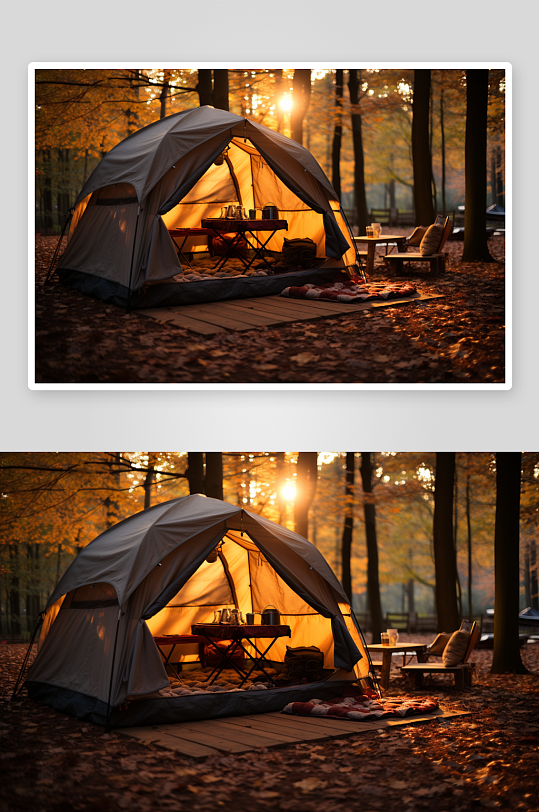 秋天树林里的帐篷露营