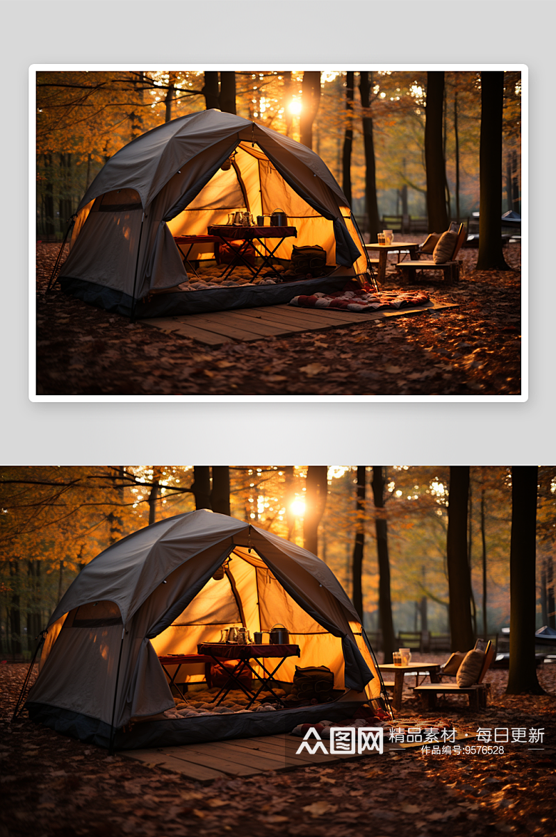 秋天树林里的帐篷露营素材