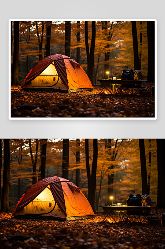 秋天树林里的帐篷露营