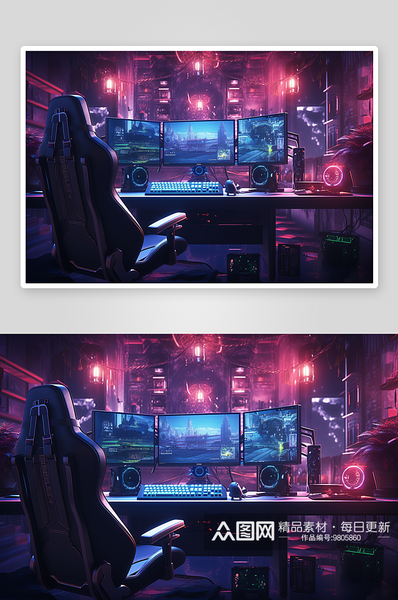 霓虹炫酷的电脑室场景素材