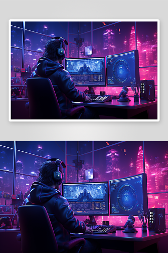 霓虹炫酷的电脑室场景