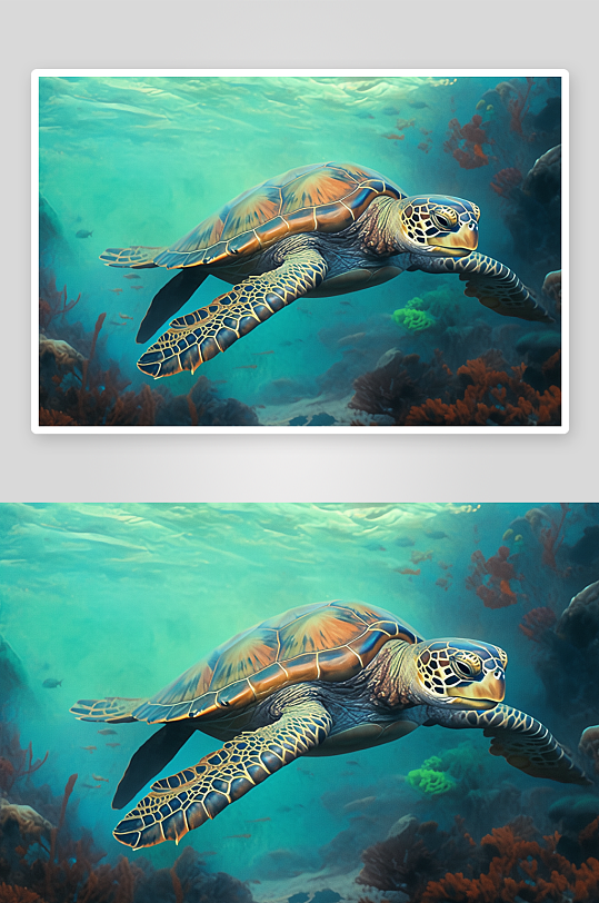 大海中游泳的彩色海龟