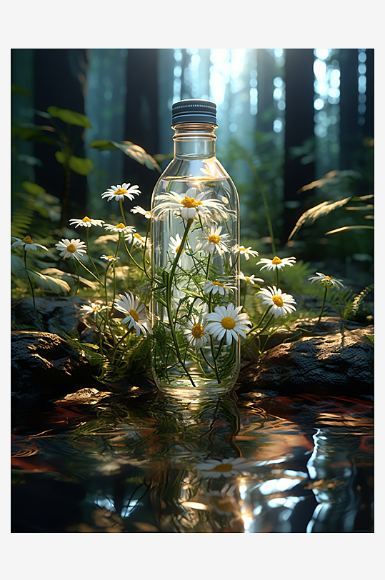 唯美漂亮的水面上的水瓶和花卉