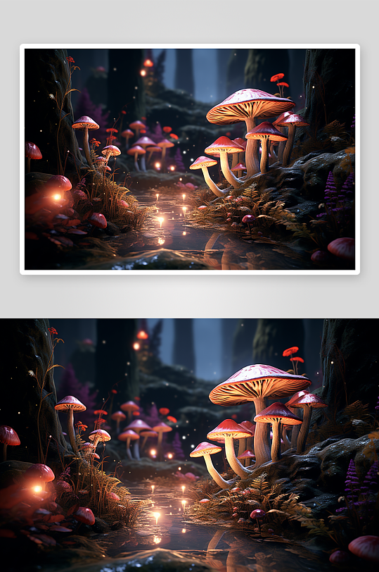 森林中梦幻般的蘑菇场景