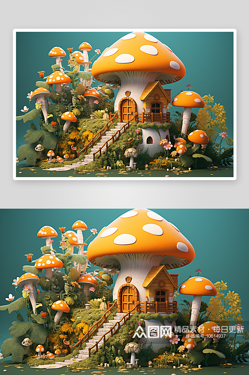 创意卡通蘑菇小屋子场景素材