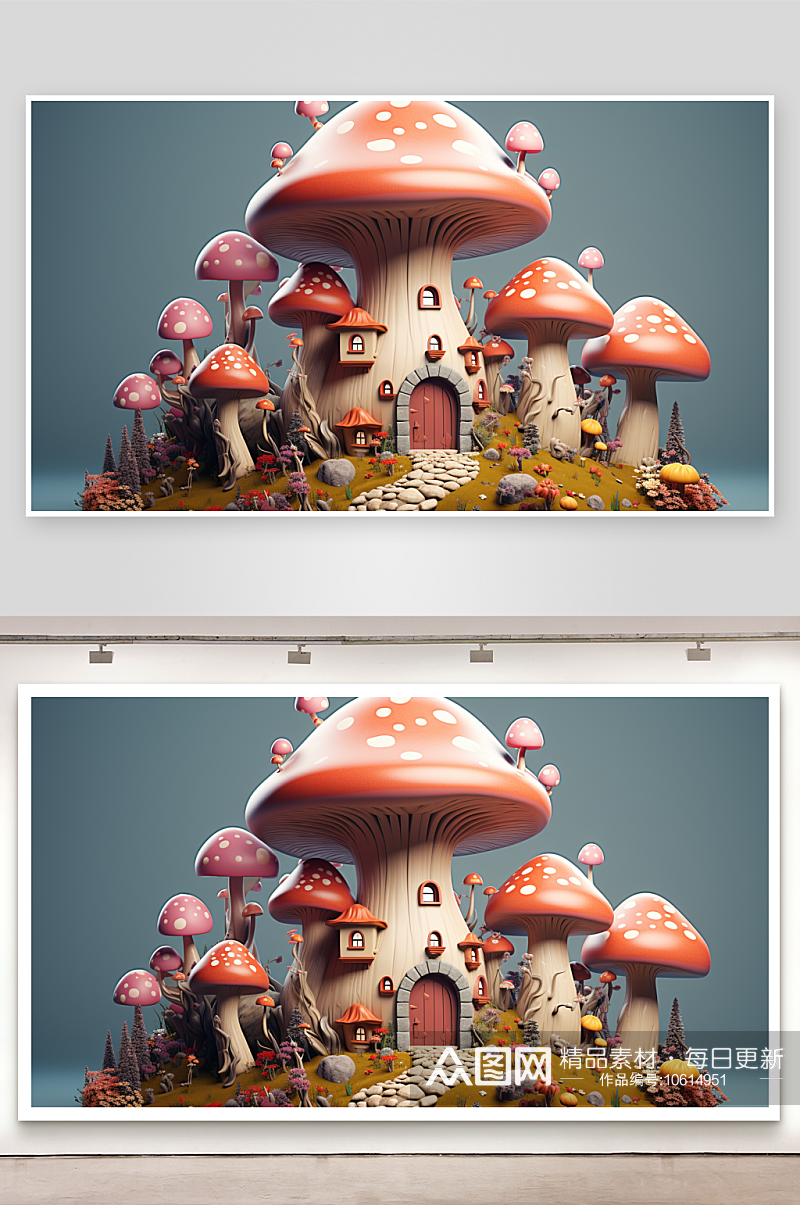 创意卡通蘑菇小屋子场景素材