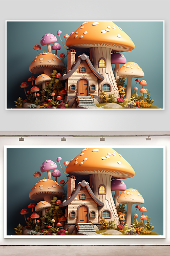 创意卡通蘑菇小屋子场景