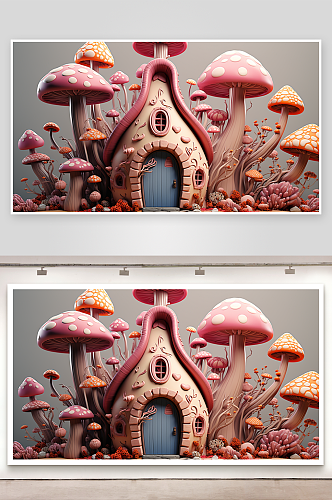 创意卡通蘑菇小屋子场景