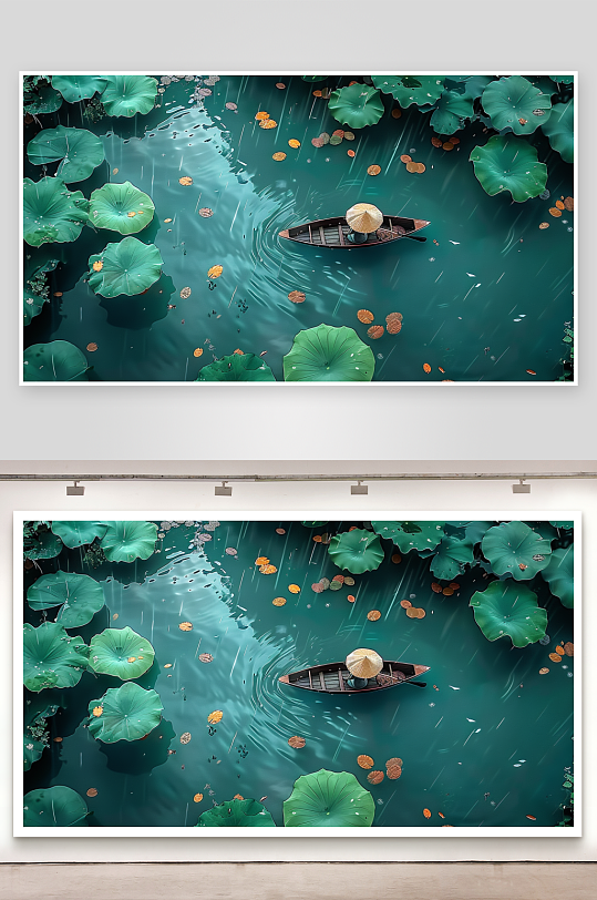 创意荷塘中划船的人-众图网