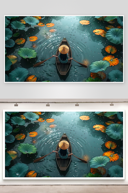 创意荷塘中划船的人-众图网