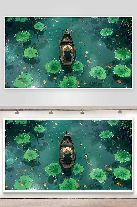 创意荷塘中划船的人-众图网