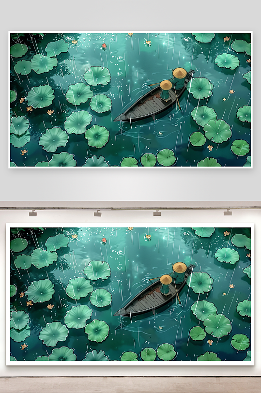 创意荷塘中划船的人-众图网