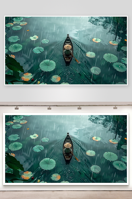 创意荷塘中划船的人-众图网