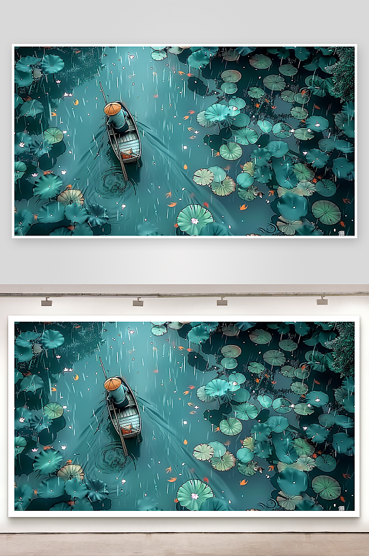 创意荷塘中划船的人-众图网
