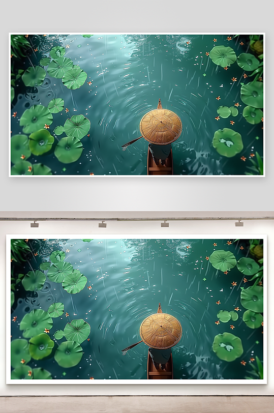 创意荷塘中划船的人-众图网