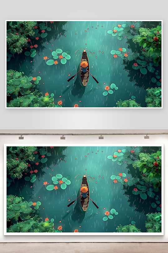 创意荷塘中划船的人-众图网
