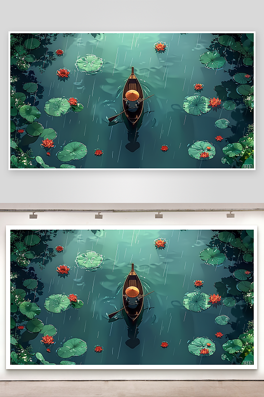 创意荷塘中划船的人-众图网