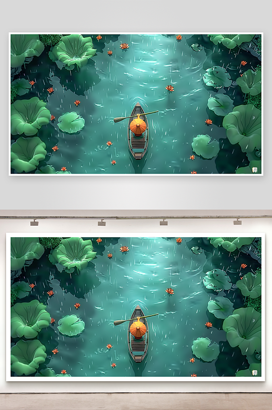 创意荷塘中划船的人-众图网