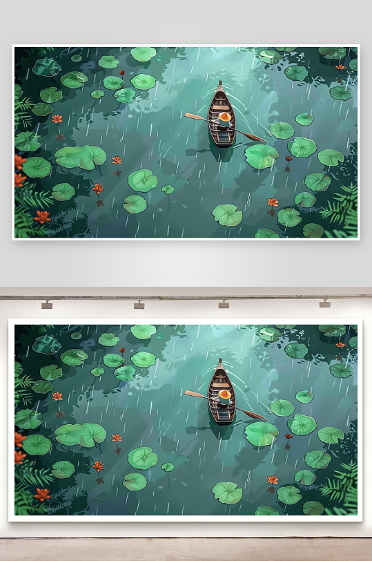 创意荷塘中划船的人-众图网
