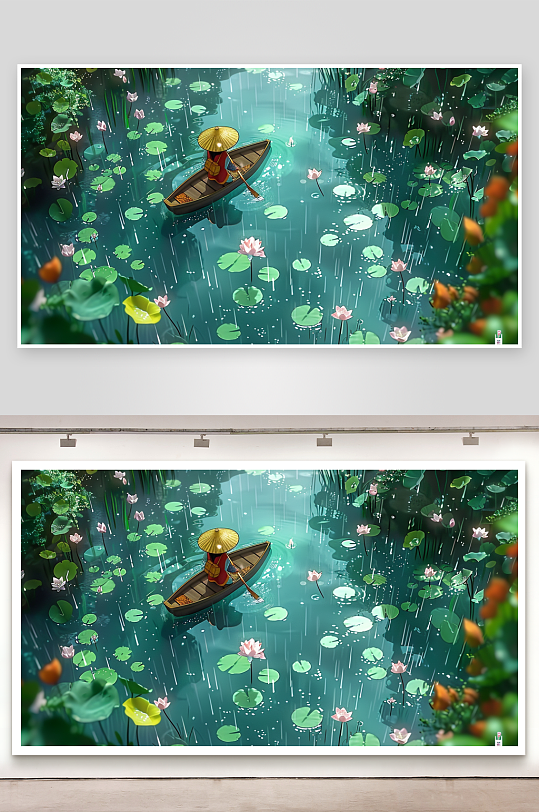 创意荷塘中划船的人-众图网
