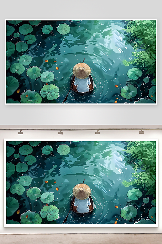 创意荷塘中划船的人-众图网