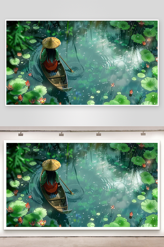 创意荷塘中划船的人-众图网
