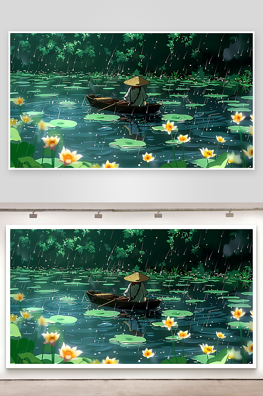 创意荷塘中划船的人-众图网
