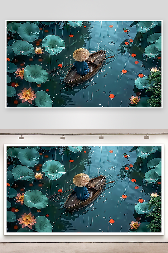 创意荷塘中划船的人-众图网