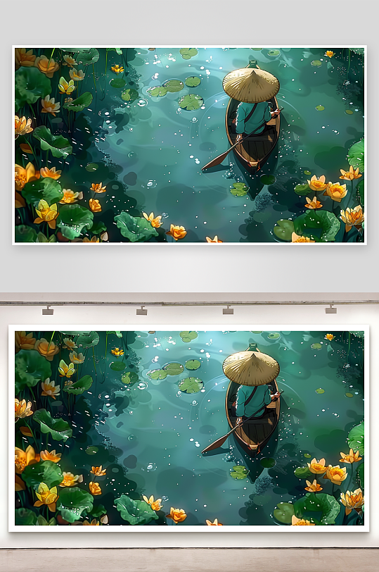 创意荷塘中划船的人-众图网