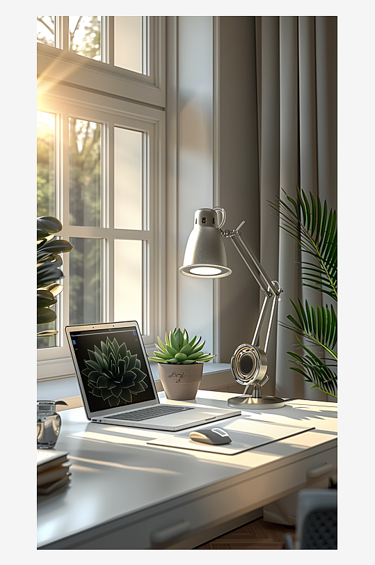 桌上的电脑绿植台灯-众图网