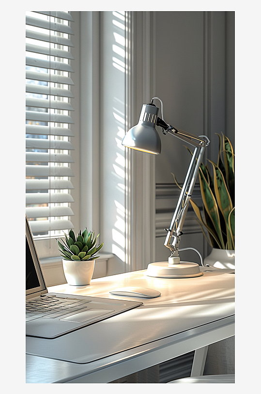 桌上的电脑绿植台灯-众图网